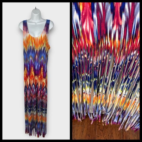 Venus Tank Bodycon Stretchy Multicolor Fringed Boho Midi/maxi Dress Size 12 M/L - Picture 1 of 8
